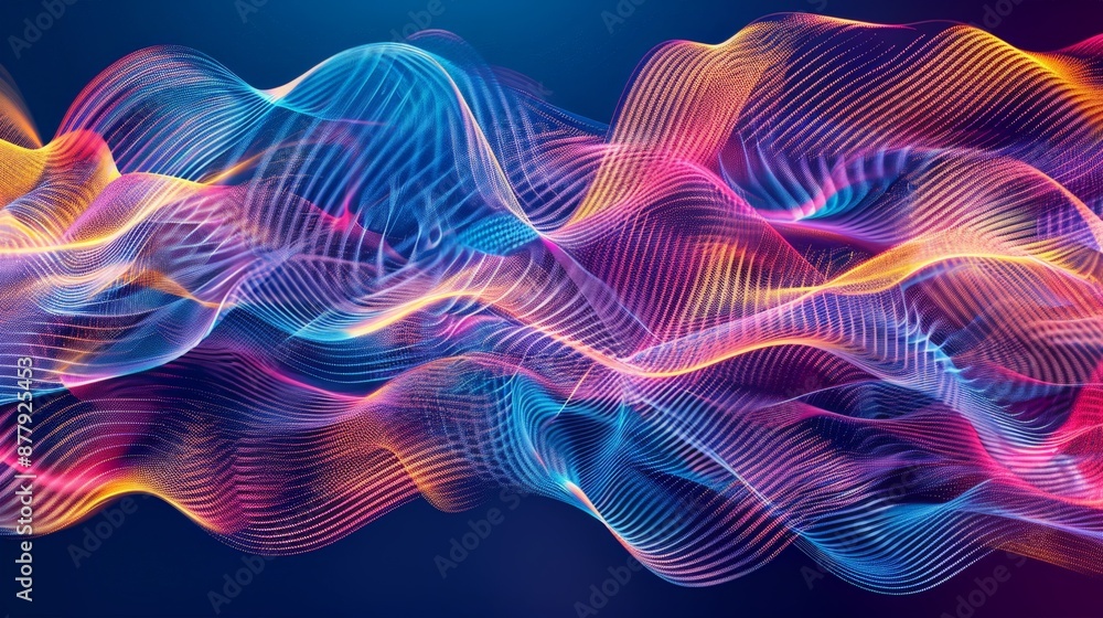 Poster an abstract depiction of sound waves, with undulating lines and vibrant colors capturing the essence