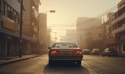 Fototapeta premium Vintage Car on Quiet City Street at Dusk