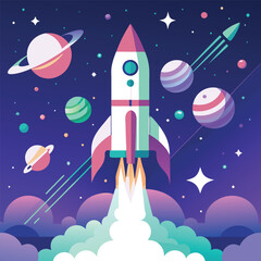 rocket heading into space with nearby stars