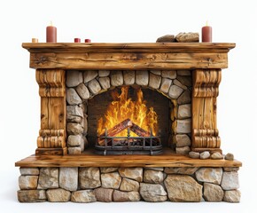 A realistic fireplace made of natural stone, with burning firewood in the hearth and candles on top isolated on white background