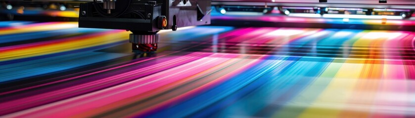 Close-up of a vibrant and colorful digital printing press in action, showcasing the detailed and dynamic process of modern printing technology.