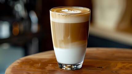 Caffe latte coffee layered with milk in a high drinking glass