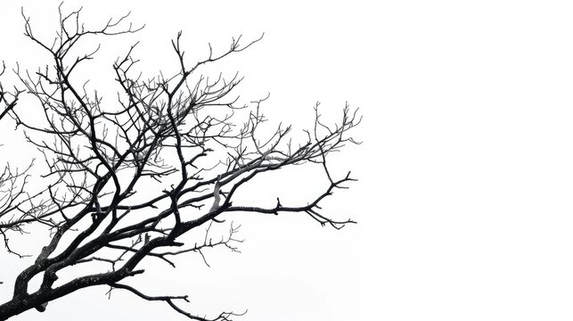 Silhouetted dry tree twigs on white background with clipping path cutout for wallpaper or design