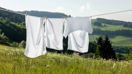 Idyllic countryside holiday, gentle breeze swaying clean clothes drying on a line, rustic charm and tranquility