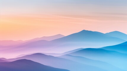 Fototapeta premium Early morning sunrise over mountains, cool temperature hues of blues and purples transitioning to warm oranges and yellows, creating a dynamic palette