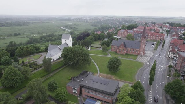 Aerial View Of Our Lady And Skive Kirke Churches In Skive, Frederiksdal Alle, Denmark.