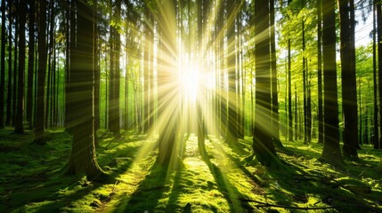 Obraz premium Forest clearing under intense daylight, beams of sunshine piercing through the canopy, illuminating the vibrant greenery