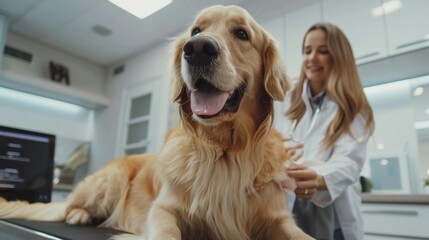 A golden retriever is waiting with its owner at the veterinarian office