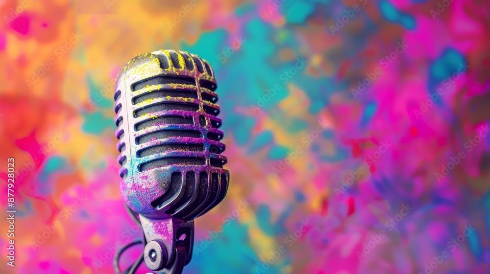 Poster retro mic on colorful splash background for podcasting generative ai