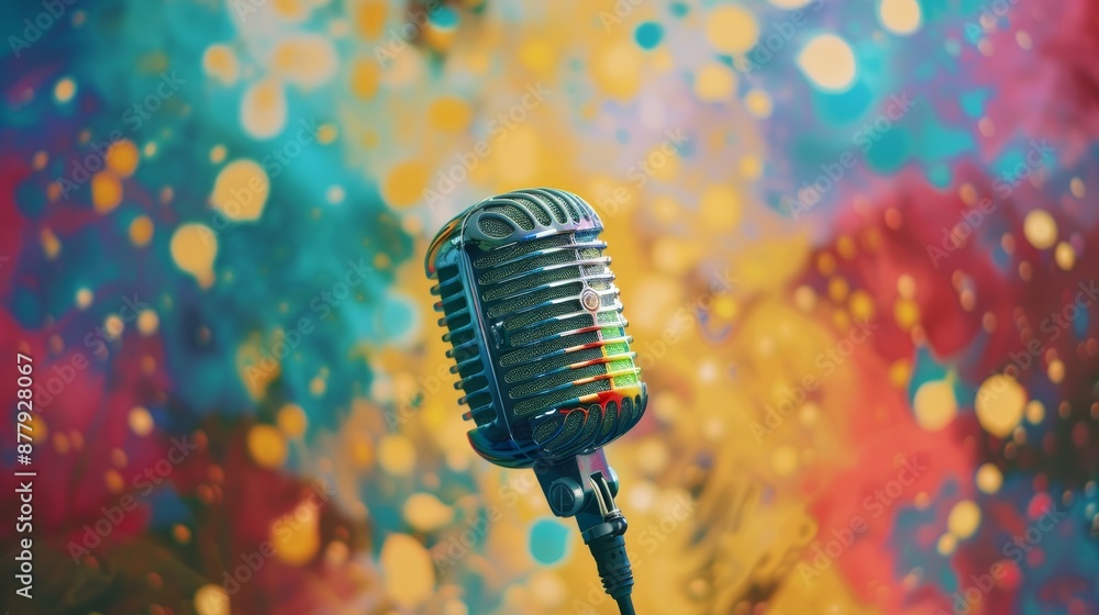 Poster retro mic on colorful splash background for podcasting generative ai