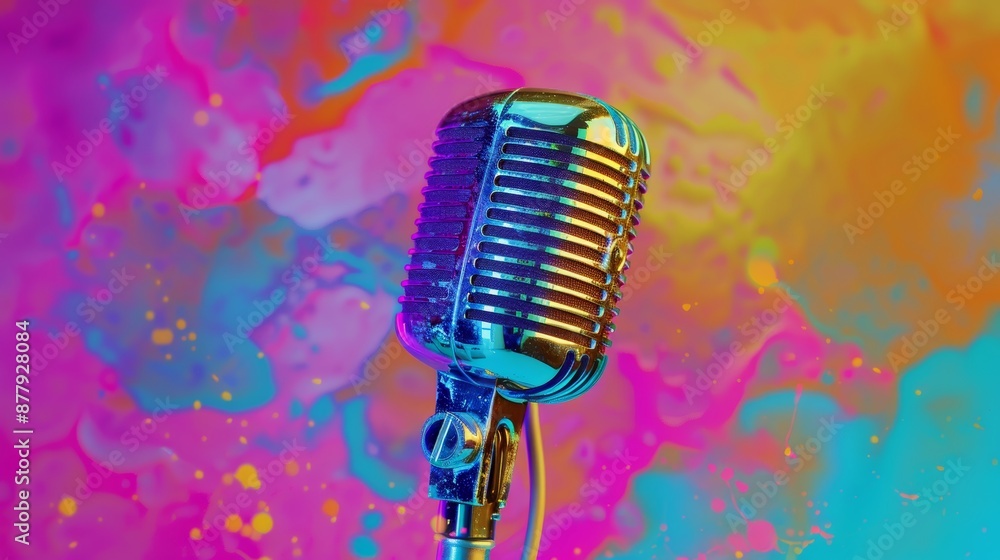 Poster Retro Mic on Colorful Splash Background for Podcasting Generative AI
