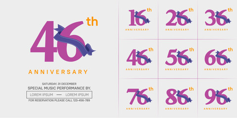 anniversary logotype set vector, purple color and blue ribbon for special day celebration