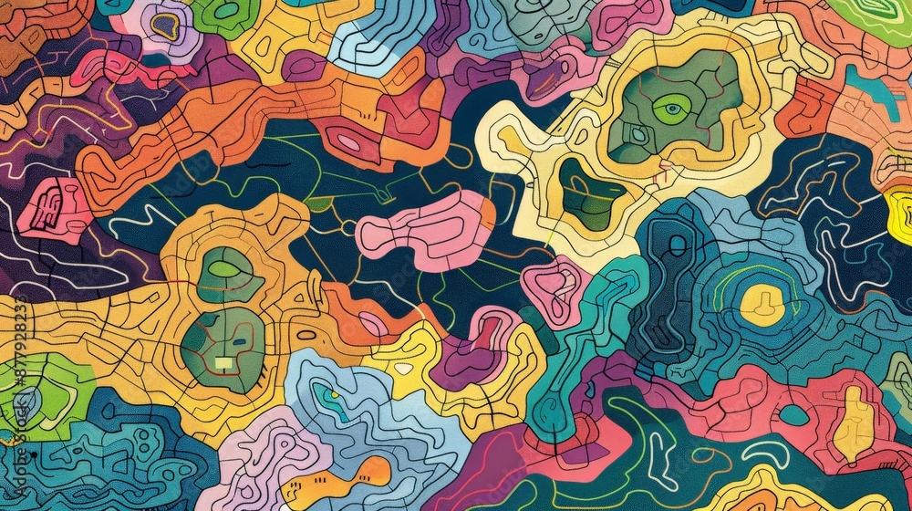 Poster an abstract map of an imaginary world, with colorful, interconnected shapes representing different r