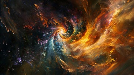 An abstract portrayal of the cosmos, with swirling galaxies and nebulae rendered in a blend of dark and vibrant colors
