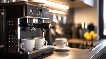 Coffeemaker with two cups in interior of modern kitchen closeup