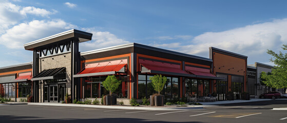 Modern Commercial Strip Mall Exterior on Sunny Day