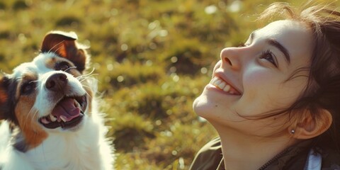 A happy woman posing with her loyal canine companion