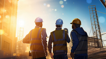 Construction Workers Overlooking Site at Sunset