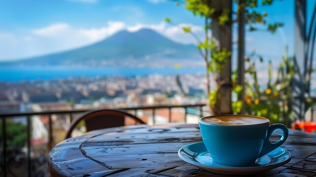 Cup of fresh espresso coffee in a cafe with view on vesuvius mount