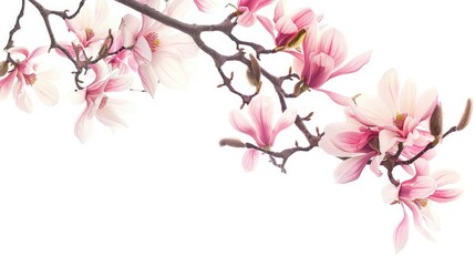 Fototapeta premium Close up of magnolia tree branch with lovely flowers on white backdrop with room for text