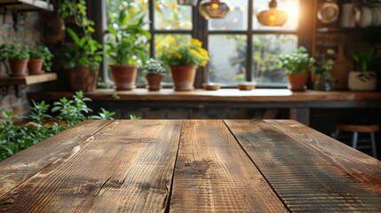 Wooden table with blurred kitchen background and potted plants..
