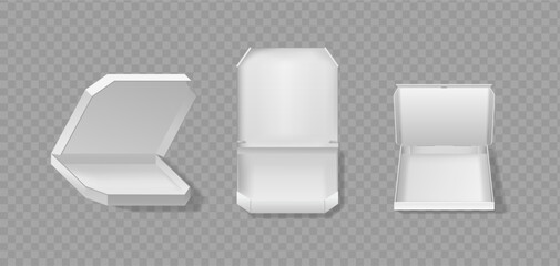 Three Blank Open Pizza Boxes In Different Positions Isolated On Transparent Background. Realistic 3d Vector Mockups
