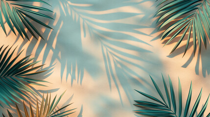 Naklejka premium A minimal summer concept flat lay featuring a top view of tropical palm leaf shadows cast on a sand-colored background.