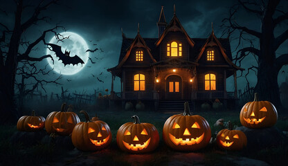 Halloween background with pumpkins and haunted house - 3D render. Halloween background with Evil Pumpkin. Spooky scary dark Night forrest. Holiday event halloween banner background concept