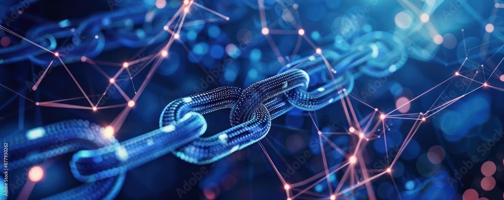 Poster blockchain-based business network with interconnected nodes and secure data transactions, representi