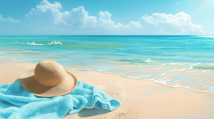 Obraz premium A top view of a white sand beach scene featuring a stylish straw hat