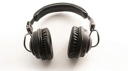 Modern black headset isolated on white background representing digital music concept