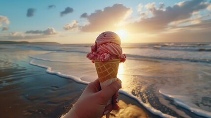 hand holding a raspberry ripple ice cream cone at a beach