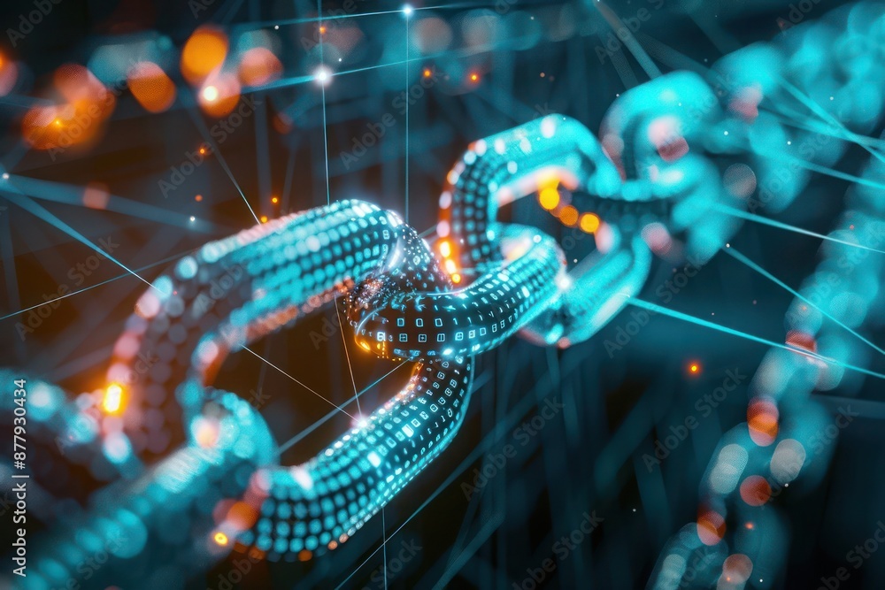Poster blockchain networks visualized in a digital environment, illustrating secure business transactions a