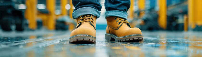Close-up of worker boots on wet industrial floor, showcasing durable footwear for construction and manual labor environments.