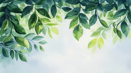 Panoramic watercolor painting of a sunlit summer day, vibrant and bright with lush greenery and clear skies, a celebration of nature