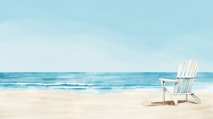 Peaceful morning on a quiet beach, gentle waves lapping at the shore, a lone beach chair facing the horizon, capturing a tranquil summer moment, watercolor style