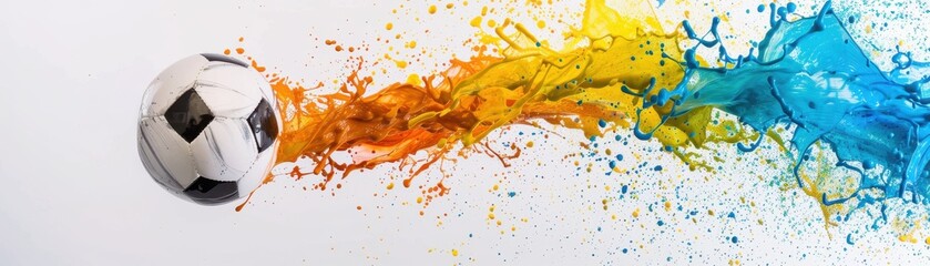 Obraz premium Dynamic soccer ball with exploding colorful paint splash, capturing motion and energy, perfect for sports-themed designs and artistic projects.