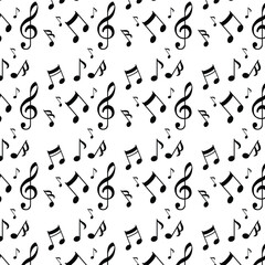 Music notes seamless pattern, Music note background, Seamless pattern design. Black musical notes in rounded corner style on transparent background, Pattern included swatches.