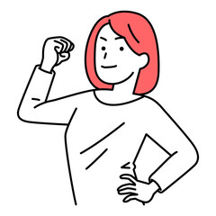 力こぶを作ってみせるカジュアルな女性