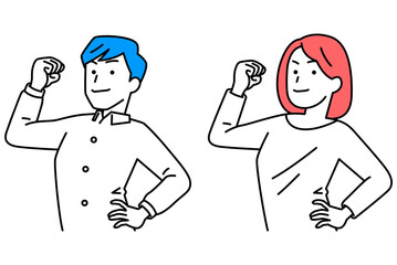 力こぶを作ってみせるカジュアルな男女　セット