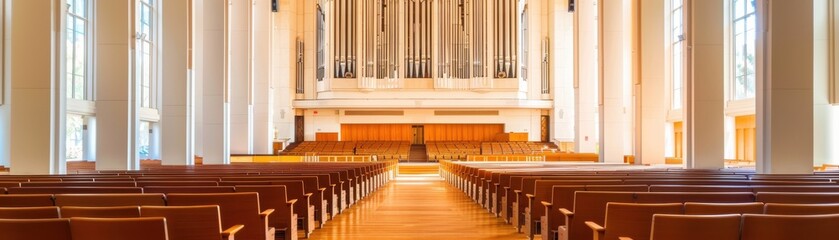 Empty church pews leading to an altar with large organ pipes, bathed in warm light, creating a serene and peaceful atmosphere.