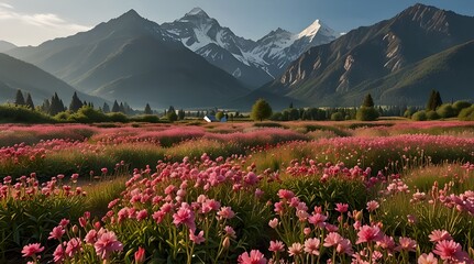 A vibrant field of pink flowers swaying gently in the breeze, with majestic mountains towering.generative.ai