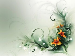 Abstract Illustration of Orange Flower with Green Swirls on a White Background