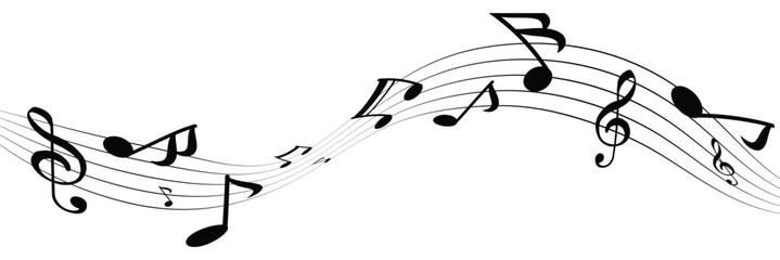 Musical note wave. Music notes melody on white background.  Staff treble clef notes musician concept vector isolated on transparent background. Illustration of music sound in eps 10.