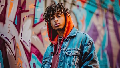 Young man with dreadlocks and a denim jacket against graffiti wall.