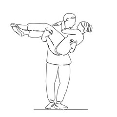 One continuous single drawing line art flat doodle  stretch out, couple, young, woman, love, boyfriend, man, girlfriend, fun. Isolated image hand draw contour on a white background
