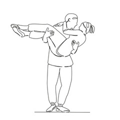 One continuous single drawing line art flat doodle  stretch out, couple, young, woman, love, boyfriend, man, girlfriend, fun. Isolated image hand draw contour on a white background