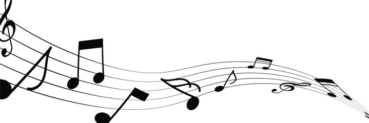 Musical note wave. Music notes melody on white background.  Staff treble clef notes musician concept vector isolated on transparent background. Illustration of music sound in eps 10.