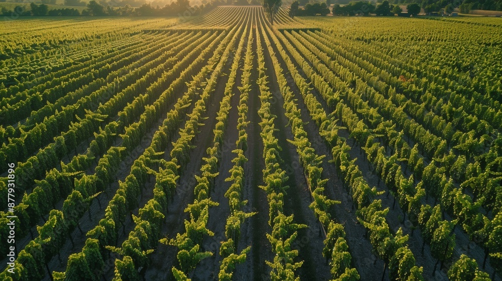 Poster An aerial photograph of a sprawling vineyard, with neat rows of grapevines stretching to the horizon