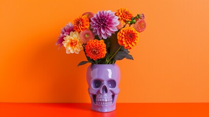 purple skull shaped vase with orange dahlia flowers on a orange and black background for Halloween © World of AI